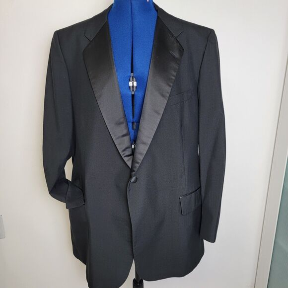 Black Mens Tuxedo Satin Lapel 1-Button Single Vent Formal Blazer Jacket 46R - Picture 1 of 14